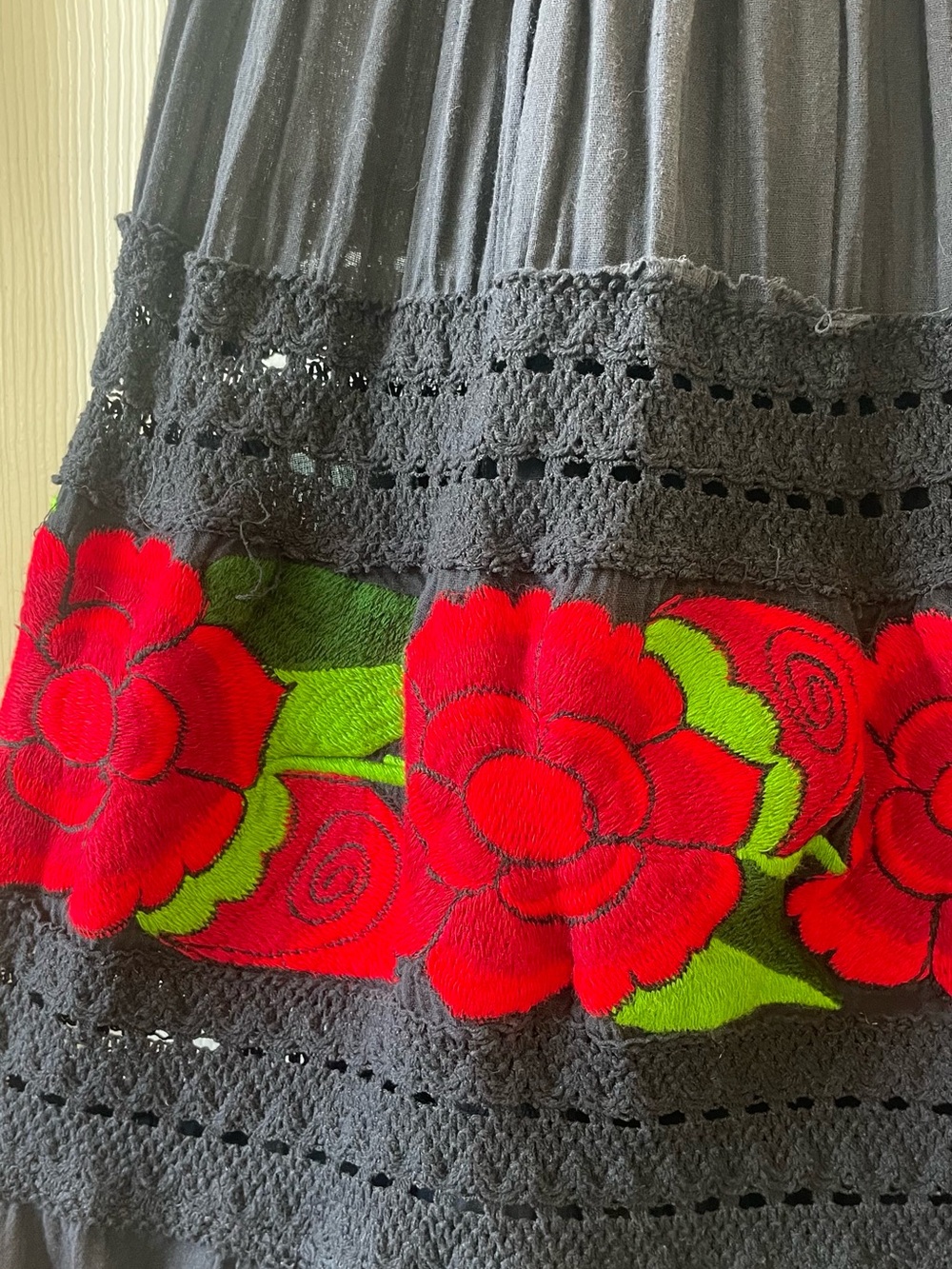 Mexican Style Floral Embroidered Off Shoulder Black Maxi Dress - Picture 6 of 9